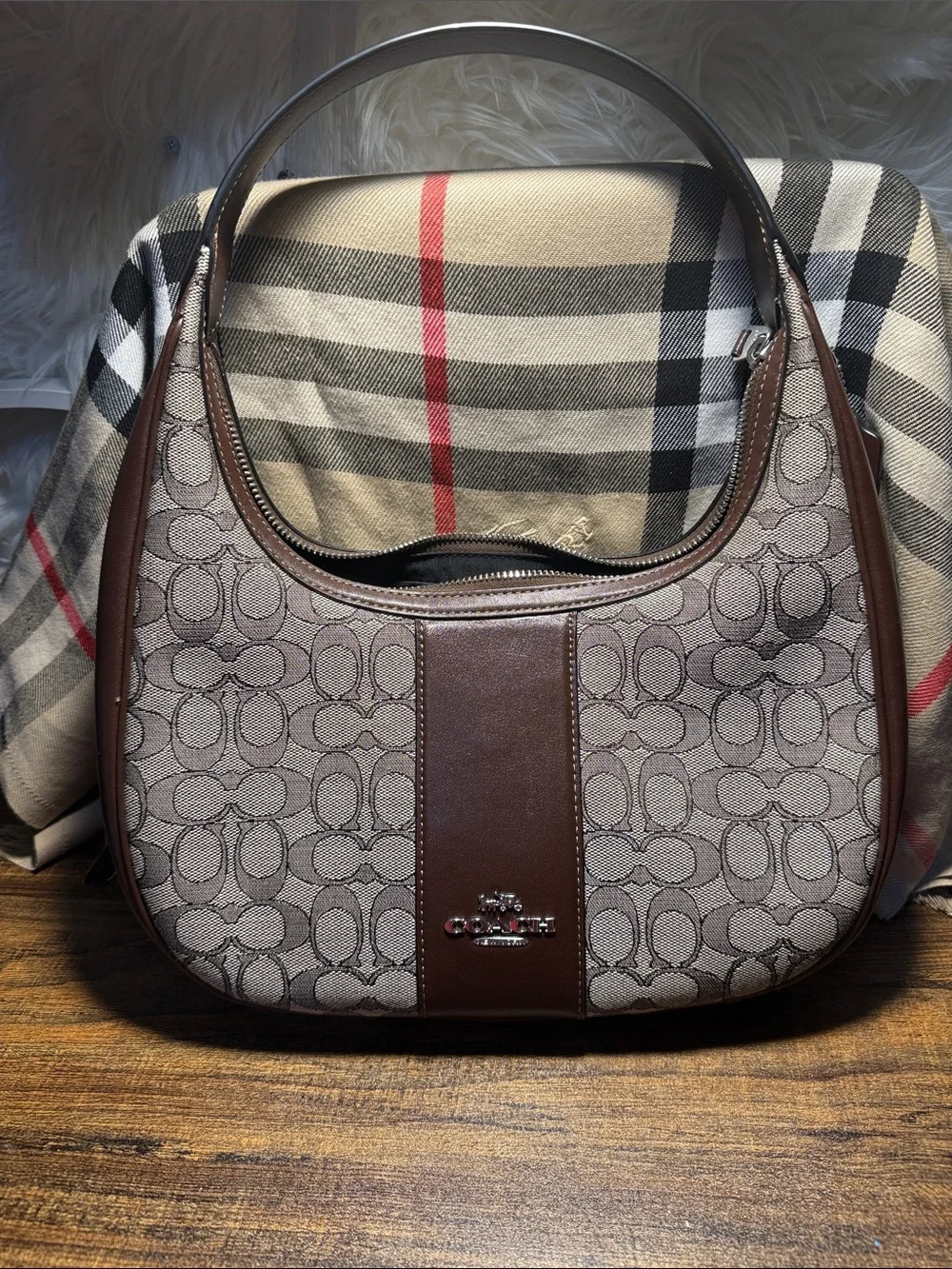 Coach Brown Signature Canvas Shoulder Hobo with Dark Brown Leather Trim